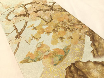 平和屋着物●国際的伝統工芸作家　十二代・藤林徳扇　苑寿　太鼓柄袋帯　綴れ　鴛鴦花文　金銀彩　正絹　逸品　CABL0175vp