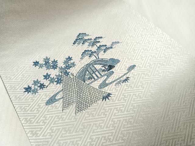 平和屋着物●太鼓柄袋帯　水辺風景文　銀通し地　正絹　逸品　CABL0176vp