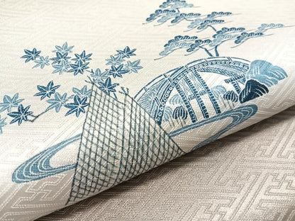 平和屋着物●太鼓柄袋帯　水辺風景文　銀通し地　正絹　逸品　CABL0176vp