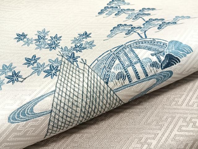 平和屋着物●太鼓柄袋帯　水辺風景文　銀通し地　正絹　逸品　CABL0176vp