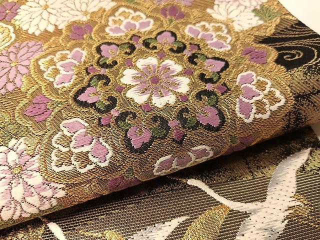 平和屋着物●西陣　京の名門　じゅらく謹製　帝王紫　六通柄袋帯　唐織　正倉院飛鶴花文　黒地　金糸　正絹　逸品　CABL0205vp