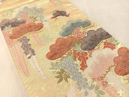 平和屋着物●六通柄袋帯　唐織　瑠璃綴　飛鶴松藤文　金糸　正絹　逸品　CABL0217vp