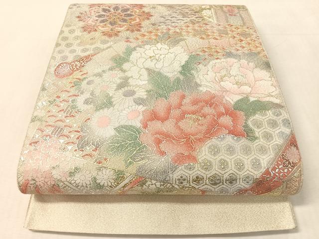 平和屋着物●太鼓柄袋帯　綴れ　檜扇花文　金銀彩　正絹　逸品　CABL0220vp