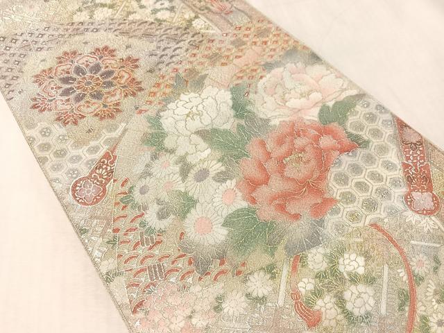 平和屋着物●太鼓柄袋帯　綴れ　檜扇花文　金銀彩　正絹　逸品　CABL0220vp