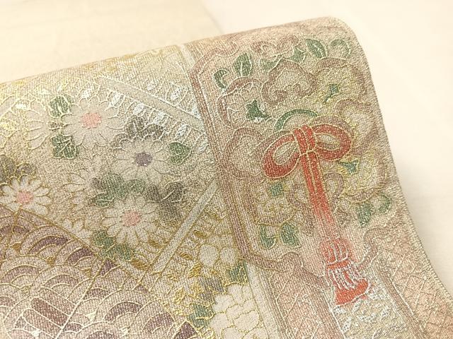 平和屋着物●太鼓柄袋帯　綴れ　檜扇花文　金銀彩　正絹　逸品　CABL0220vp