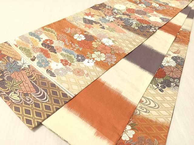 平和屋着物●六通柄袋帯　唐織　流水花文　金糸　正絹　逸品　未使用　CABL0221vp