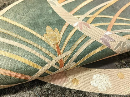 平和屋着物●太鼓柄袋帯　駒刺繍　松葉文様　黒地　金銀彩　引箔　正絹　逸品　CABL0222vp