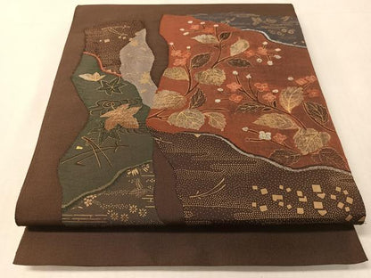 平和屋着物●太鼓柄袋帯　草花文　金彩　正絹　逸品　未使用　CABL0227vp