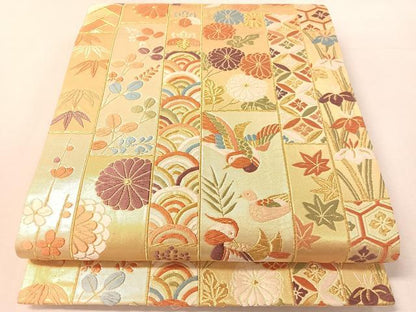 平和屋着物●六通柄袋帯　唐織　鴛鴦花間道　金糸　正絹　逸品　CABL0229vp