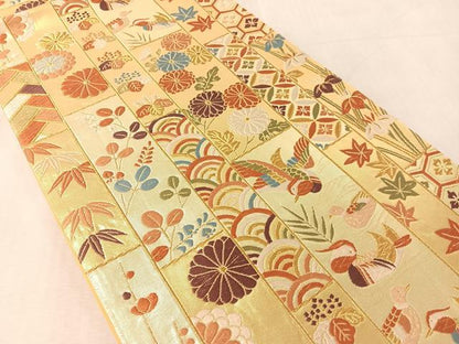平和屋着物●六通柄袋帯　唐織　鴛鴦花間道　金糸　正絹　逸品　CABL0229vp