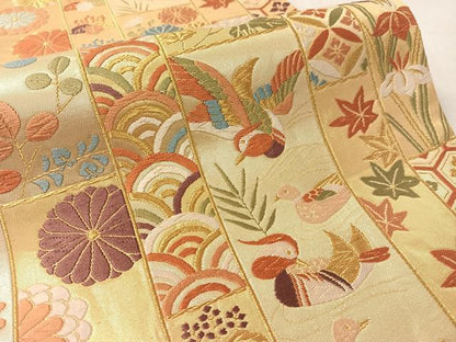 平和屋着物●六通柄袋帯　唐織　鴛鴦花間道　金糸　正絹　逸品　CABL0229vp