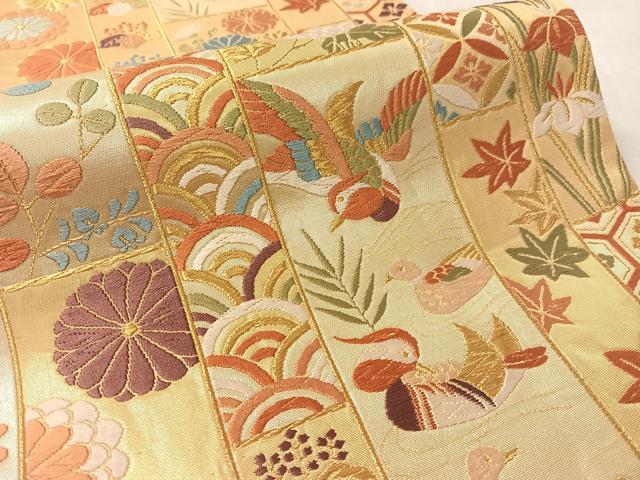 平和屋着物●六通柄袋帯　唐織　鴛鴦花間道　金糸　正絹　逸品　CABL0229vp