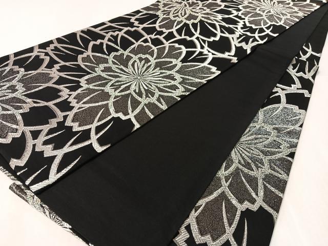 平和屋着物●六通柄袋帯　舞花文　ラメ糸　黒地　銀糸　正絹　逸品　CABL0232vp