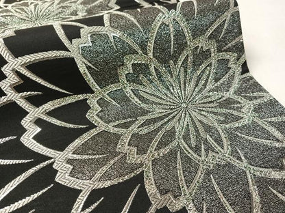 平和屋着物●六通柄袋帯　舞花文　ラメ糸　黒地　銀糸　正絹　逸品　CABL0232vp