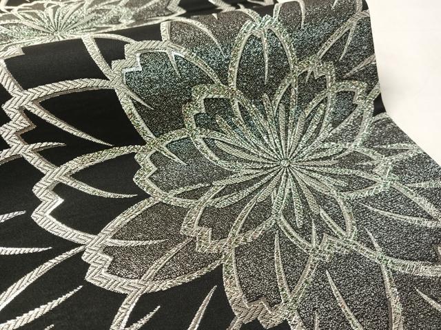 平和屋着物●六通柄袋帯　舞花文　ラメ糸　黒地　銀糸　正絹　逸品　CABL0232vp