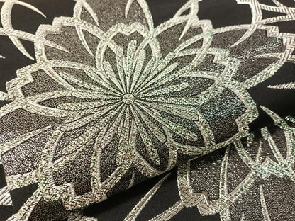 平和屋着物●六通柄袋帯　舞花文　ラメ糸　黒地　銀糸　正絹　逸品　CABL0232vp