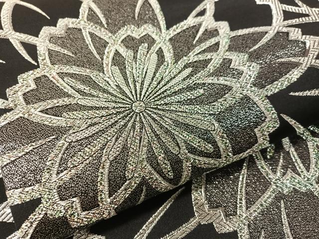 平和屋着物●六通柄袋帯　舞花文　ラメ糸　黒地　銀糸　正絹　逸品　CABL0232vp