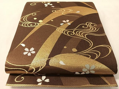 平和屋着物●六通柄袋帯　流水舞桜　金糸　正絹　逸品　CABL0237vp