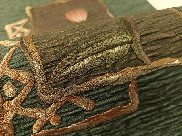 平和屋着物●太鼓柄袋帯　総刺繍　ふくれ織　アザミ　金糸　正絹　逸品　未使用　CABL0251vp