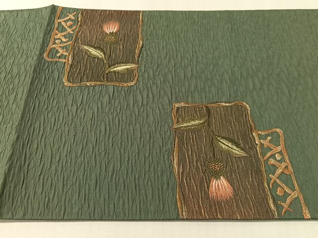 平和屋着物●太鼓柄袋帯　総刺繍　ふくれ織　アザミ　金糸　正絹　逸品　未使用　CABL0251vp