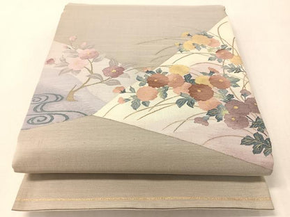 平和屋着物●太鼓柄袋帯　すくい織　切嵌花文　金糸　正絹　逸品　CABL0252vp
