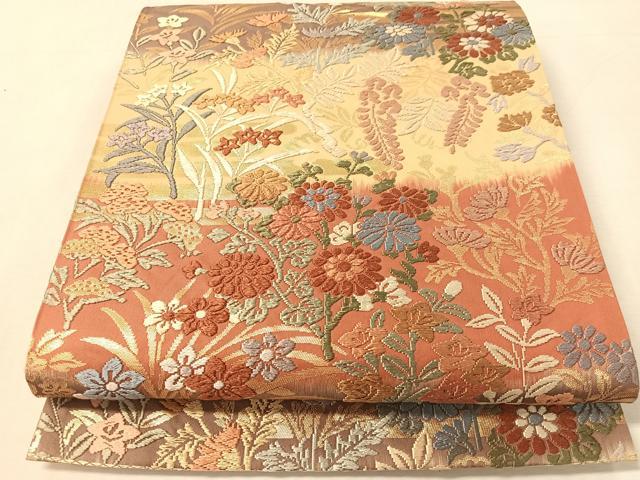 平和屋着物●六通柄袋帯　唐織　草花文　金糸　正絹　逸品　未使用　CABL0264vp