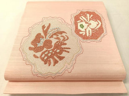 平和屋着物●中国三大刺繍　相良刺繍　総刺繍　太鼓柄袋帯　紬地　抽象文　正絹　逸品　未使用　CABL0268vp