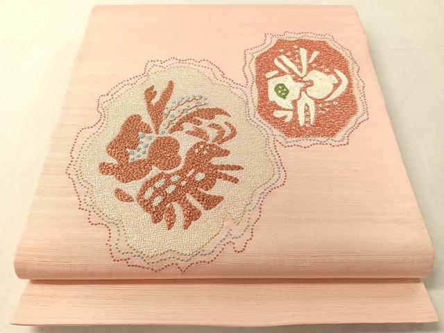平和屋着物●中国三大刺繍　相良刺繍　総刺繍　太鼓柄袋帯　紬地　抽象文　正絹　逸品　未使用　CABL0268vp