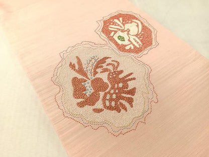 平和屋着物●中国三大刺繍　相良刺繍　総刺繍　太鼓柄袋帯　紬地　抽象文　正絹　逸品　未使用　CABL0268vp
