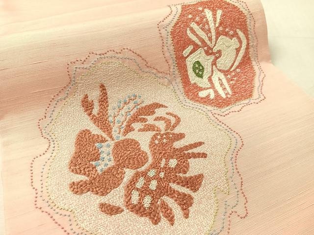 平和屋着物●中国三大刺繍　相良刺繍　総刺繍　太鼓柄袋帯　紬地　抽象文　正絹　逸品　未使用　CABL0268vp
