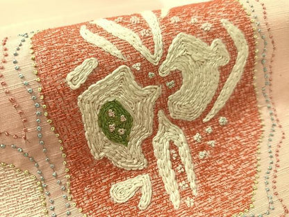 平和屋着物●中国三大刺繍　相良刺繍　総刺繍　太鼓柄袋帯　紬地　抽象文　正絹　逸品　未使用　CABL0268vp