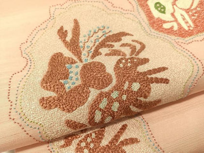 平和屋着物●中国三大刺繍　相良刺繍　総刺繍　太鼓柄袋帯　紬地　抽象文　正絹　逸品　未使用　CABL0268vp