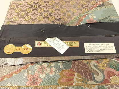 平和屋着物●西陣　沖野織物謹製　六通柄袋帯　北村進作　唐織　飛鶴熨斗花蝶文　金糸　引箔　証紙付き　正絹　逸品　未使用　CABL0274vp