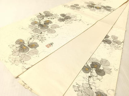 平和屋着物●六通柄袋帯　作家物　手描き　髭紬　蔦の葉花文　金彩　正絹　逸品　CABL0281vp