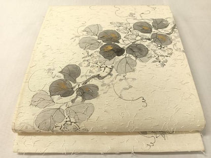 平和屋着物●六通柄袋帯　作家物　手描き　髭紬　蔦の葉花文　金彩　正絹　逸品　CABL0281vp