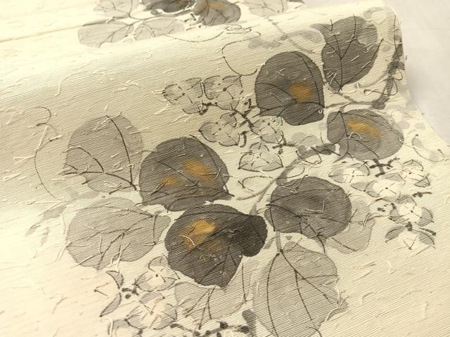 平和屋着物●六通柄袋帯　作家物　手描き　髭紬　蔦の葉花文　金彩　正絹　逸品　CABL0281vp