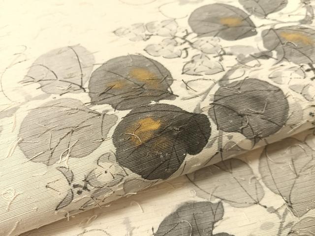 平和屋着物●六通柄袋帯　作家物　手描き　髭紬　蔦の葉花文　金彩　正絹　逸品　CABL0281vp
