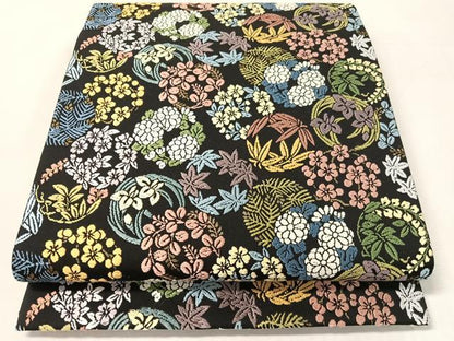 平和屋着物●六通柄袋帯　唐織　草花丸文　黒地　金糸　正絹　逸品　CABL0287vp