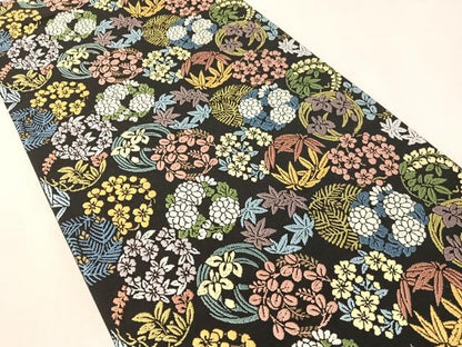 平和屋着物●六通柄袋帯　唐織　草花丸文　黒地　金糸　正絹　逸品　CABL0287vp