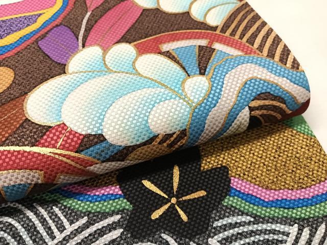 平和屋着物●中嶋まさひろ 蝋彩染作家　六通柄袋帯　片輪車花文　金彩　正絹　逸品　未使用　CABL0289vp