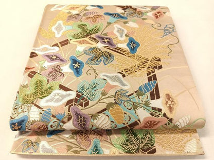 平和屋着物●西陣　白綾苑大庭　六通柄袋帯　草花文　金糸　正絹　逸品　CABL0293vp