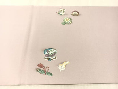 平和屋着物●立体友禅作家　涌波紅彩　両面　太鼓柄袋帯　宝尽し　金彩　正絹　逸品　CABL0296vp