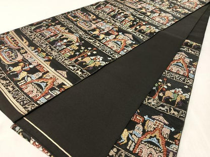 平和屋着物●六通柄　本袋帯　異国の園　黒地　金糸　正絹　逸品　CABL0298vp