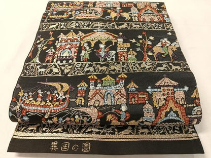 平和屋着物●六通柄　本袋帯　異国の園　黒地　金糸　正絹　逸品　CABL0298vp