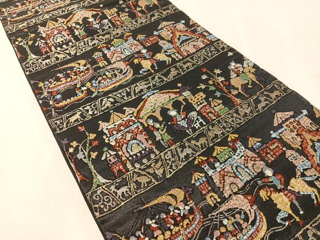 平和屋着物●六通柄　本袋帯　異国の園　黒地　金糸　正絹　逸品　CABL0298vp