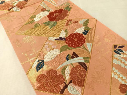 平和屋着物●六通柄　本袋帯　唐織　短冊花文　金糸　正絹　逸品　CABL0307vp