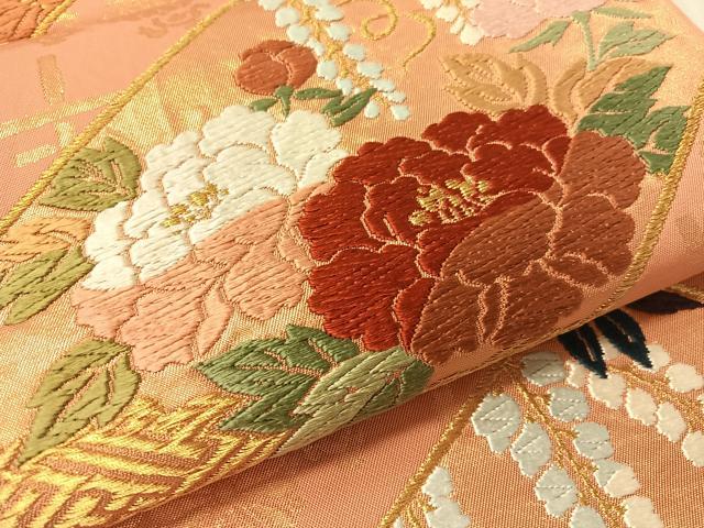 平和屋着物●六通柄　本袋帯　唐織　短冊花文　金糸　正絹　逸品　CABL0307vp