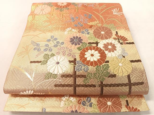 平和屋着物●佐賀錦　六通柄袋帯　唐織　菊花文　金糸　正絹　逸品　CABL0309vp