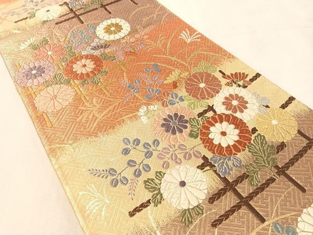 平和屋着物●佐賀錦　六通柄袋帯　唐織　菊花文　金糸　正絹　逸品　CABL0309vp