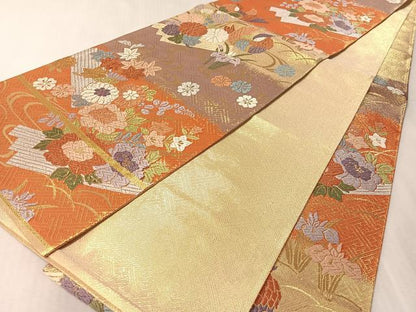平和屋着物●佐賀錦　六通柄袋帯　唐織　流水鴛鴦花文　金糸　正絹　逸品　CABL0310vp